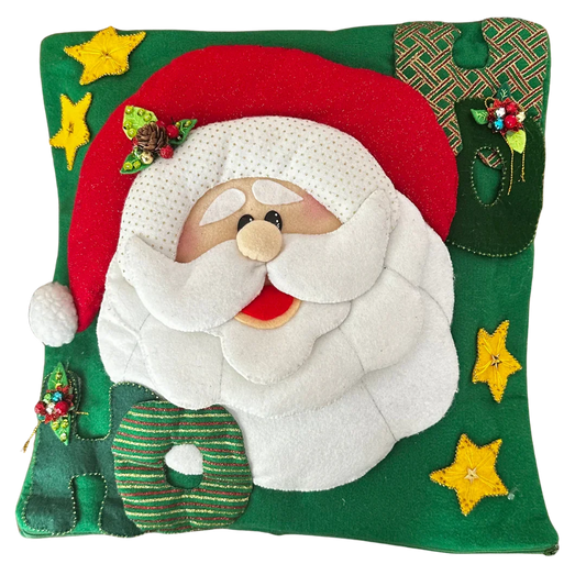 Handmade Santa Claus Christmas  Embroidered Holiday Cushion - Mi Tierra Crafts