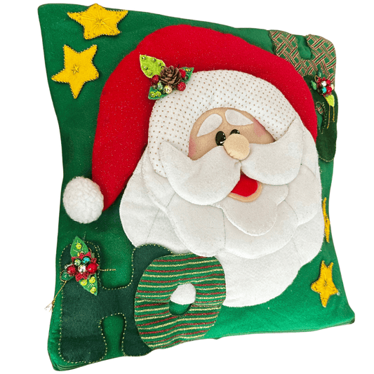 Handmade Santa Claus cushion cover with colorful embroidery and felt, perfect for Christmas decor.