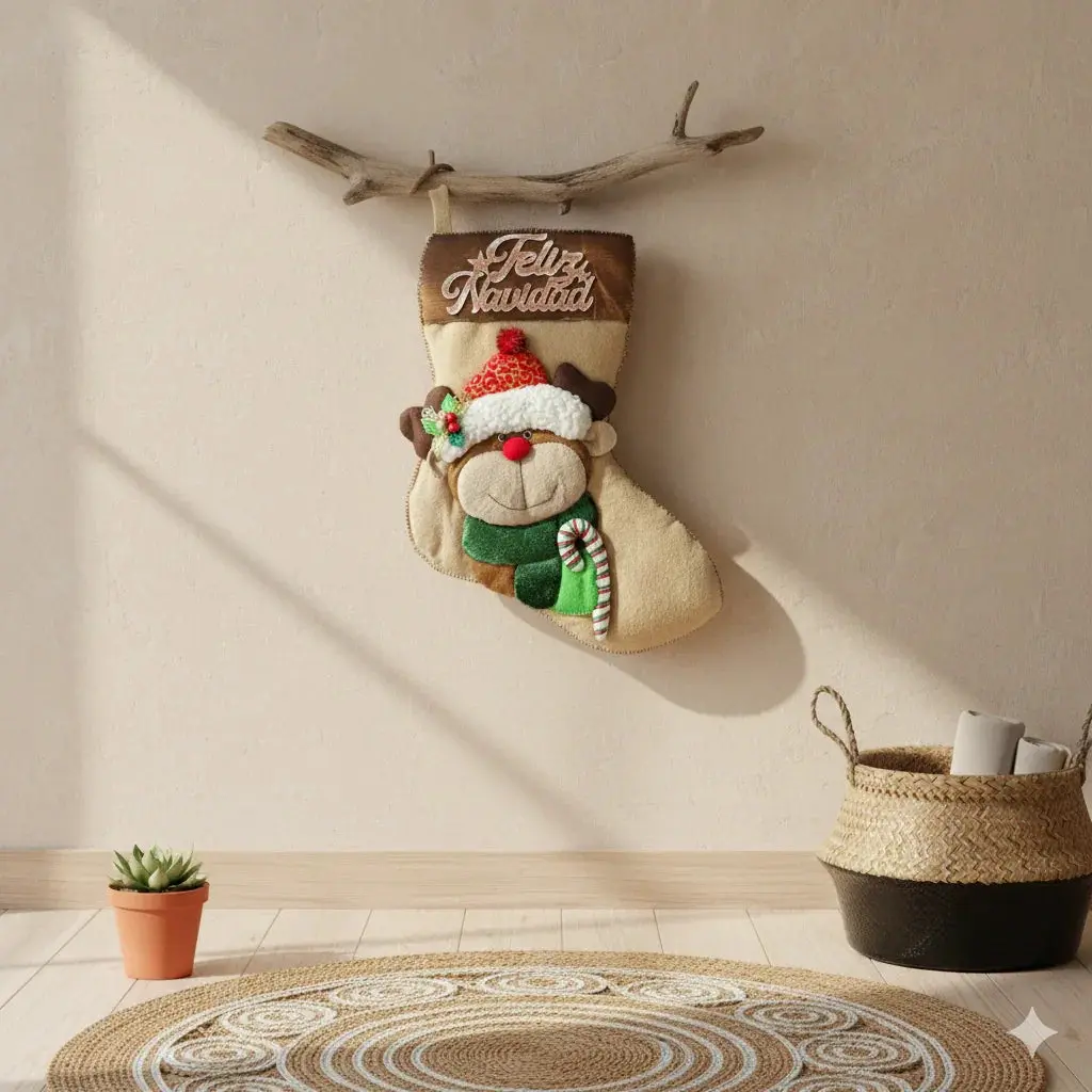 Handmade Reindeer Christmas Stocking – 18" Mi Tierra Crafts
