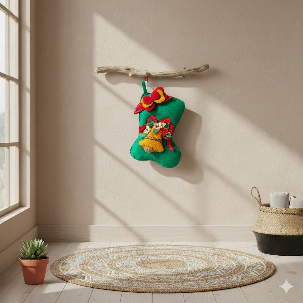 Handmade 12"  Festive Felt Stocking with Bell & Floral Accents Mi Tierra Crafts