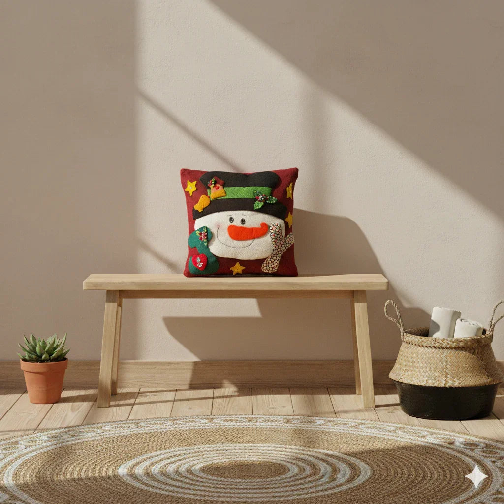 Handmade Christmas Snowman Cushion Cover – Festive Felt Embroidery Pillow | Mi Tierra Crafts Mi Tierra Crafts